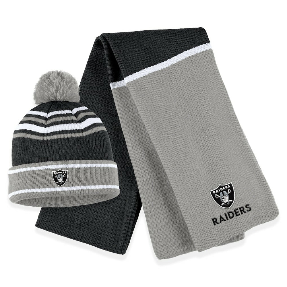 WEAR by Erin Andrews Women's Colorblock Cuffed Knit Hat with Pom and Scarf Set - Las Vegas Raiders