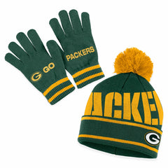 WEAR by Erin Andrews Women's Double Jacquard Cuffed Knit Hat with Pom and Gloves Set - Green Bay Packers