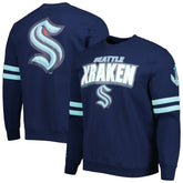 NHL Deep Sea Blue Seattle Kraken Mitchell & Ness Allover Logo Pullover Sweatshirt