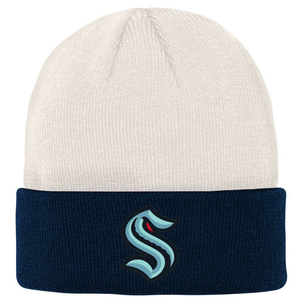 NHL Cream/Deep Sea Blue Seattle Kraken Youth Logo Cuffed Knit Hat