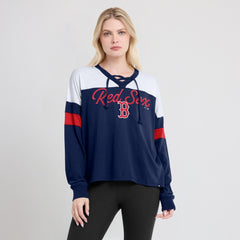 MLB Boston Red Sox Fanatics Women's Even Match Lace-Up Long Sleeve V-Neck T-Shirt