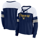 MLB Milwaukee Brewers Fanatics Women's Even Match Lace-Up Long Sleeve V-Neck T-Shirt