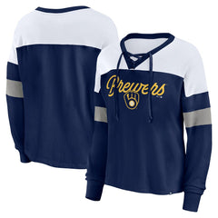 MLB Milwaukee Brewers Fanatics Women's Even Match Lace-Up Long Sleeve V-Neck T-Shirt