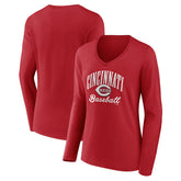 MLB Cincinnati Reds Women's Victory Script Long Sleeve V-Neck T-Shirt