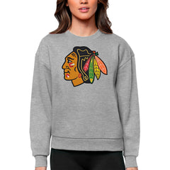 NHL Heather Gray Chicago Blackhawks Antigua Women's Team Logo Victory Crewneck Pullover Sweatshirt