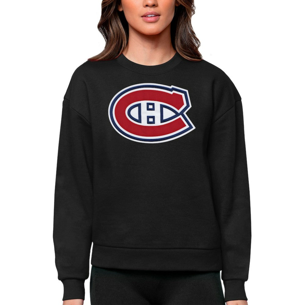 NHL Black Montreal Canadiens Antigua Women's Team Logo Victory Crewneck Pullover Sweatshirt