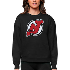 NHL Black New Jersey Devils Antigua Women's Team Logo Victory Crewneck Pullover Sweatshirt