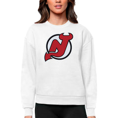 NHL White New Jersey Devils Antigua Women's Team Logo Victory Crewneck Pullover Sweatshirt