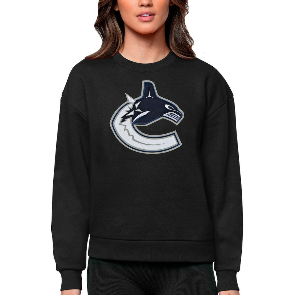 NHL Black Vancouver Canucks Antigua Women's Team Logo Victory Crewneck Pullover Sweatshirt
