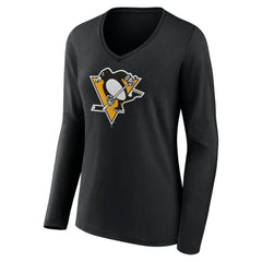 NHL Black Pittsburgh Penguins Women's Team Logo Long Sleeve V-Neck T-Shirt