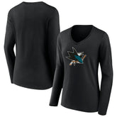 NHL Black San Jose Sharks Women's Team Logo Long Sleeve V-Neck T-Shirt
