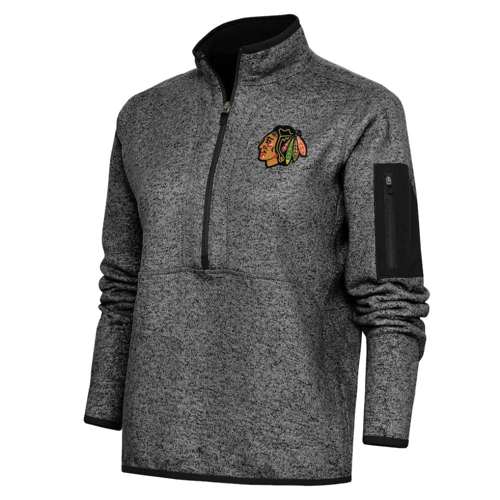 NHL Heather Black Chicago Blackhawks Antigua Women's Team Logo Fortune Quarter-Zip Jacket