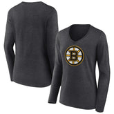 NHL Heather Charcoal Boston Bruins Women's Primary Team Logo Long Sleeve V-Neck T-Shirt