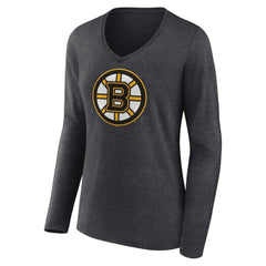 NHL Heather Charcoal Boston Bruins Women's Primary Team Logo Long Sleeve V-Neck T-Shirt