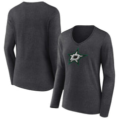 NHL Heather Charcoal Dallas Stars Women's Primary Team Logo Long Sleeve V-Neck T-Shirt