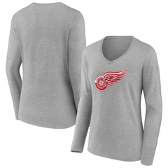NHL Heather Gray Detroit Red Wings Women's Primary Logo Team Long Sleeve V-Neck T-Shirt