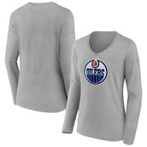 NHL Heather Gray Edmonton Oilers Women's Primary Logo Team Long Sleeve V-Neck T-Shirt