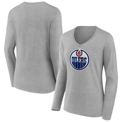 NHL Heather Gray Edmonton Oilers Women's Primary Logo Team Long Sleeve V-Neck T-Shirt