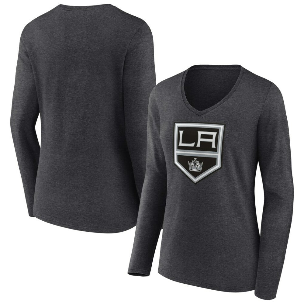 NHL Heather Charcoal Los Angeles Kings Women's Primary Team Logo Long Sleeve V-Neck T-Shirt