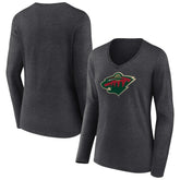 NHL Heather Charcoal Minnesota Wild Women's Primary Team Logo Long Sleeve V-Neck T-Shirt
