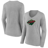 NHL Heather Gray Minnesota Wild Women's Primary Logo Team Long Sleeve V-Neck T-Shirt