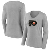 NHL Heather Gray Philadelphia Flyers Women's Primary Logo Team Long Sleeve V-Neck T-Shirt