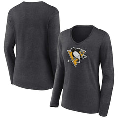 NHL Heather Charcoal Pittsburgh Penguins Women's Primary Team Logo Long Sleeve V-Neck T-Shirt