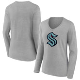 NHL Heather Gray Seattle Kraken Women's Primary Logo Team Long Sleeve V-Neck T-Shirt