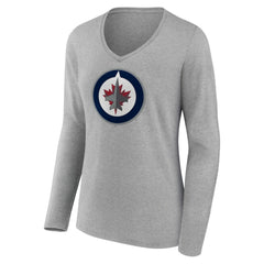 NHL Heather Gray Winnipeg Jets Women's Primary Logo Team Long Sleeve V-Neck T-Shirt