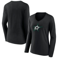 NHL Black Dallas Stars Women's Primary Team Logo Long Sleeve V-Neck T-Shirt