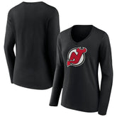 NHL Black New Jersey Devils Women's Primary Team Logo Long Sleeve V-Neck T-Shirt