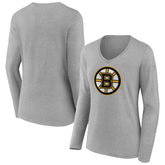 NHL Heather Gray Boston Bruins Women's Primary Logo Team Long Sleeve V-Neck T-Shirt