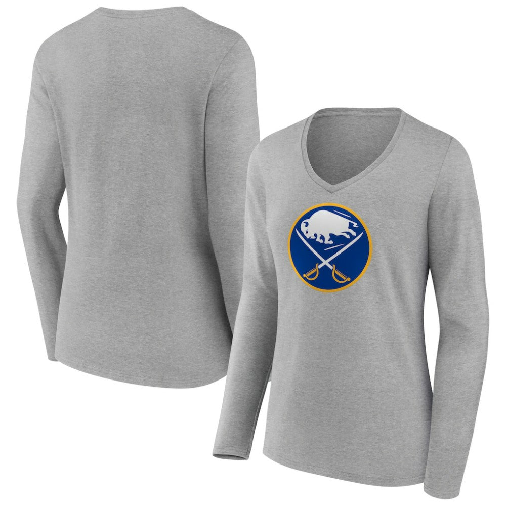 NHL Heather Gray Buffalo Sabres Women's Primary Logo Team Long Sleeve V-Neck T-Shirt