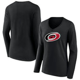 NHL Black Carolina Hurricanes Women's Primary Team Logo Long Sleeve V-Neck T-Shirt