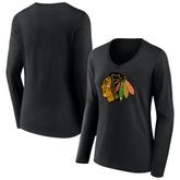 NHL Black Chicago Blackhawks Women's Primary Team Logo Long Sleeve V-Neck T-Shirt