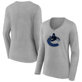 NHL Heather Gray Vancouver Canucks Women's Primary Logo Team Long Sleeve V-Neck T-Shirt