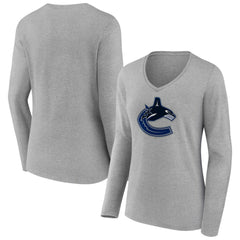 NHL Heather Gray Vancouver Canucks Women's Primary Logo Team Long Sleeve V-Neck T-Shirt
