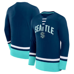 NHL Deep Sea Blue Seattle Kraken Fanatics Back Pass Lace-Up Long Sleeve T-Shirt