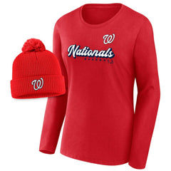 MLB Washington Nationals Fanatics Women's Run The Bases Long Sleeve T-Shirt & Cuffed Knit Hat with Pom Combo Set