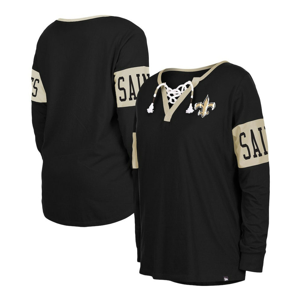 Women's Lace-Up Notch Neck Long Sleeve T-Shirt - New Orleans Saints