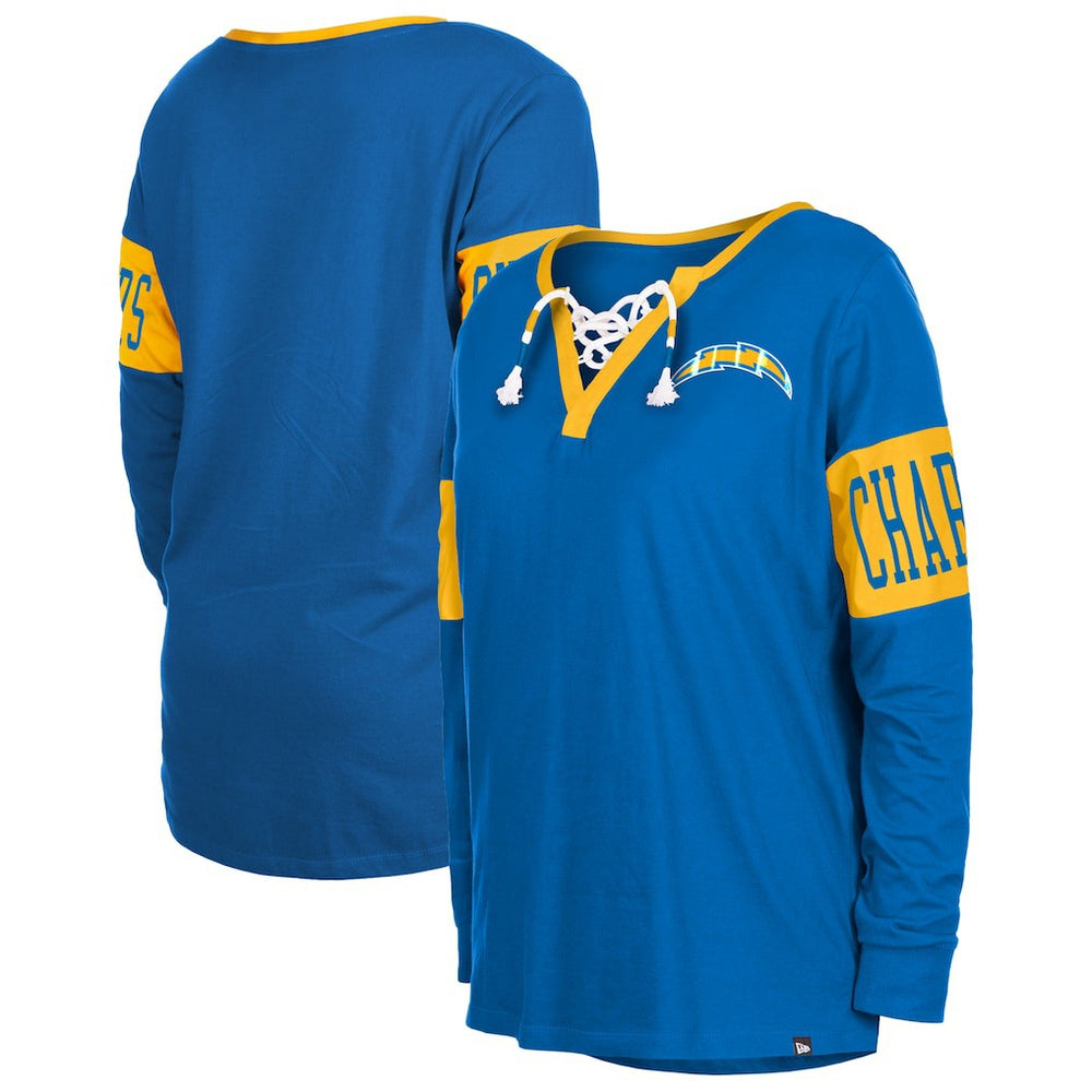 Women's Lace-Up Notch Neck Long Sleeve T-Shirt - Los Angeles Chargers