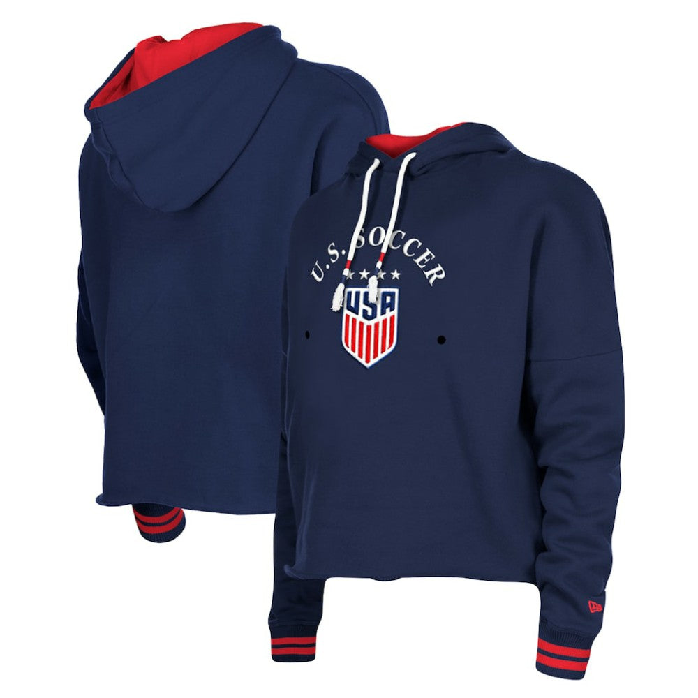 USWNT 5th & Ocean by New Era Women's Athleisure Cropped Fleece Pullover Hoodie - New Era Navy