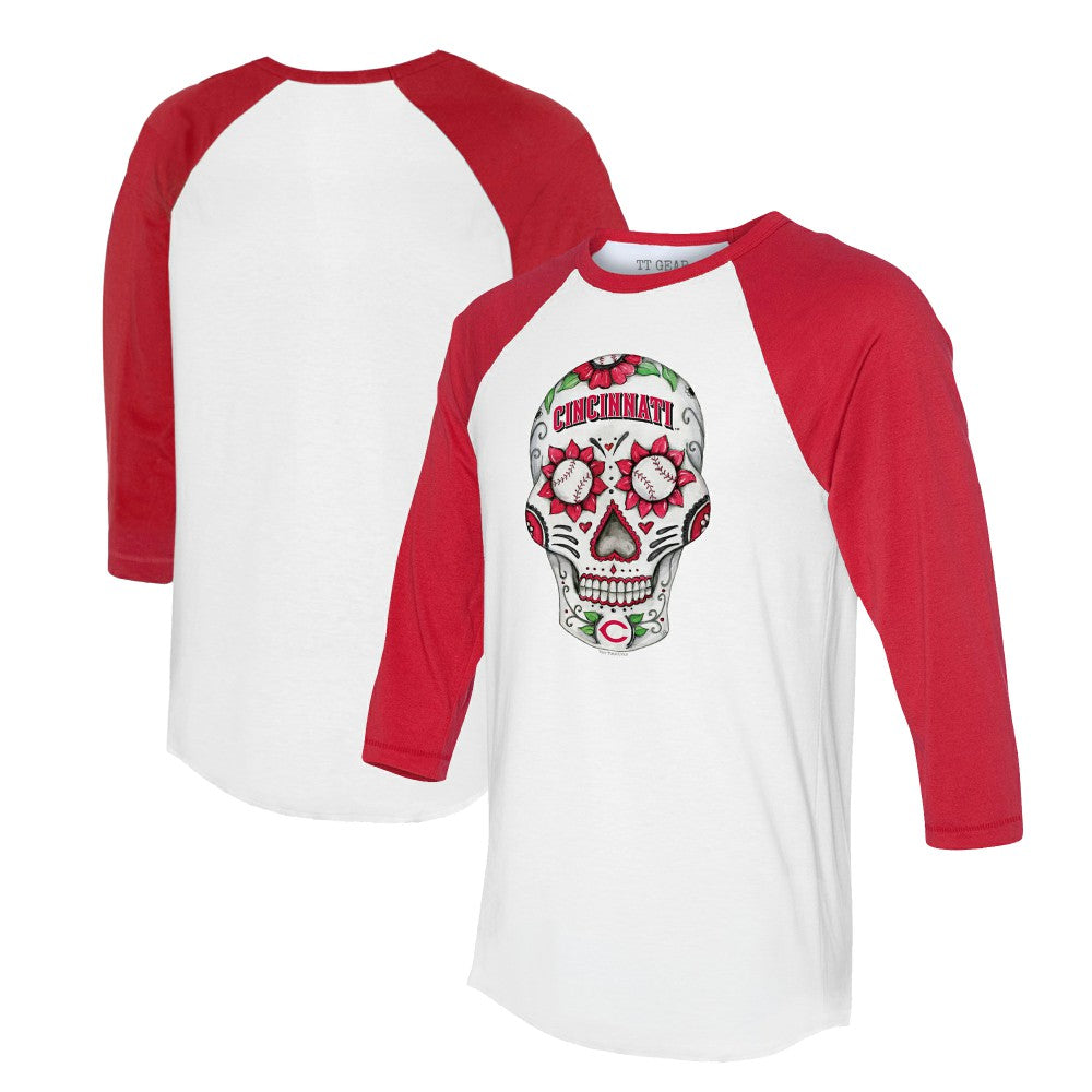 MLB Cincinnati Reds Tiny Turnip Unisex Sugar Skull 3/4-Sleeve Raglan T-Shirt