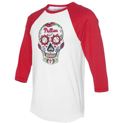 MLB Philadelphia Phillies Tiny Turnip Unisex Sugar Skull 3/4-Sleeve Raglan T-Shirt