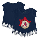 MLB Atlanta Braves Tiny Turnip Girls Youth Baseball Bow Fringe T-Shirt