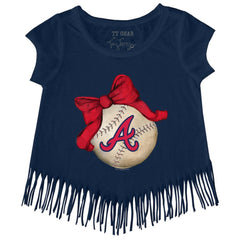 MLB Atlanta Braves Tiny Turnip Girls Youth Baseball Bow Fringe T-Shirt