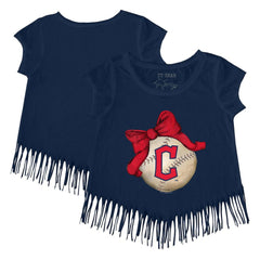 MLB Cleveland Guardians Tiny Turnip Girls Youth Baseball Bow Fringe T-Shirt