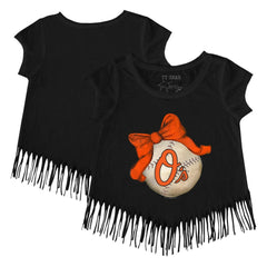 MLB Baltimore Orioles Tiny Turnip Girls Youth Baseball Bow Fringe T-Shirt