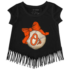 MLB Baltimore Orioles Tiny Turnip Girls Youth Baseball Bow Fringe T-Shirt