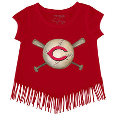 MLB Cincinnati Reds Tiny Turnip Girls Youth Baseball Cross Bats Fringe T-Shirt